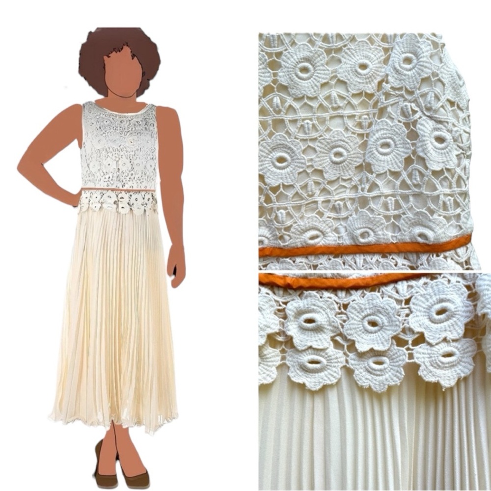 Migaino Crochet Pleated Sleeveless Midi Dress Cream Medium